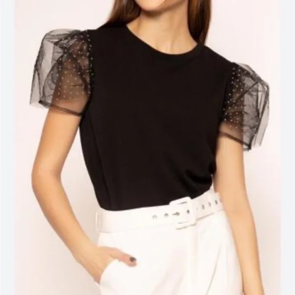 Gracia Black Puff Sleeve Mesh Dot Top